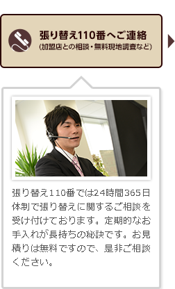 張り替え110番へご連絡(加盟店との相談・無料現地調査など)