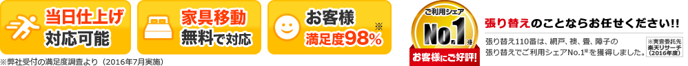 当日仕上げ対応可能　家具移動無料で対応　お客様満足度98％　ご利用シェアNo.1