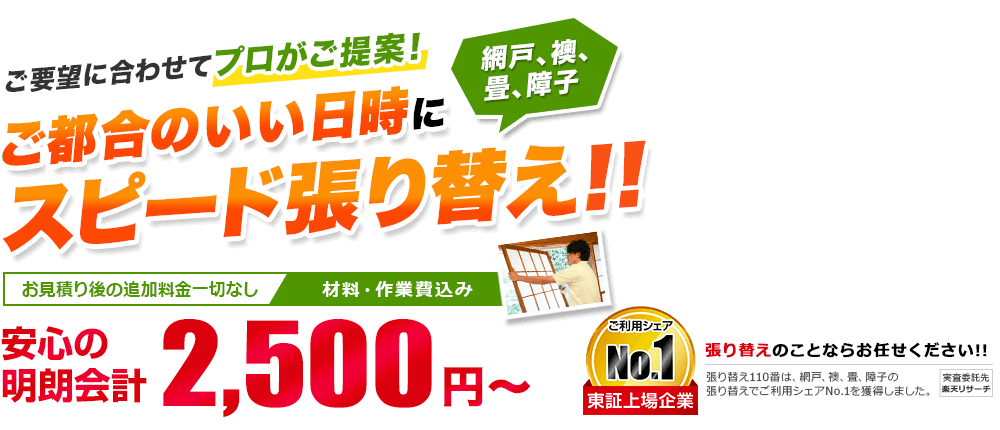 日本全国の網戸、襖、畳、障子を受付対応中! ご都合のいい日時にスピード張り替え!! お見積り後の追加料金一切なし/材料・作業費込み 安心の明朗会計2,500円~